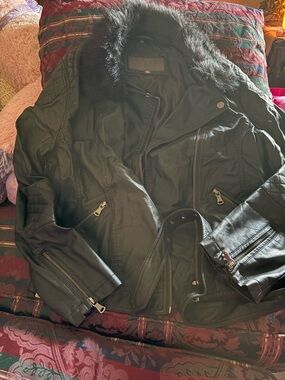 YMI Black Faux Leather Jacket with Black Faux Fur Collar